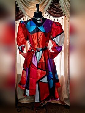 Colorblock Red Puff-Sleeve Midi Dress